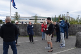 Not the best photo of anyone but this is our walking tour group. Asta is our guide and she's wearing the I Heart Reykjavik button.